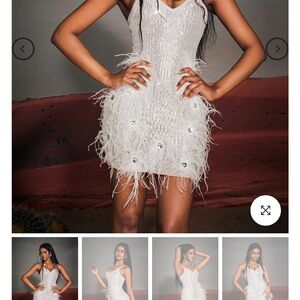 White Feather-Embellished Mini Dress